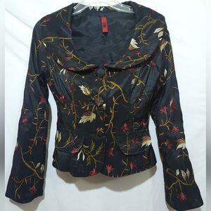 Vtg 80's 90's Just In Time Black Satin Jacket Floral Embroidery Womens Size SP
